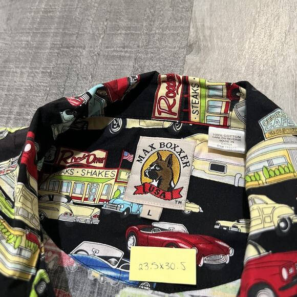 Max Boxxer Route 66 Classic Cars Loop Collar Cotton All Over Print Diner Shirt L - Picture 4 of 4